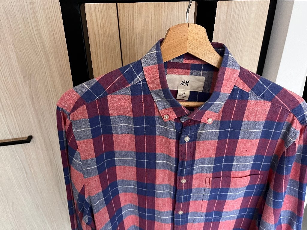 Overhemd H&M Blokjes Maat M Blauw Roze - Nette staat, Roze, H&M, Gedragen, Halswijdte 39/40 (M)