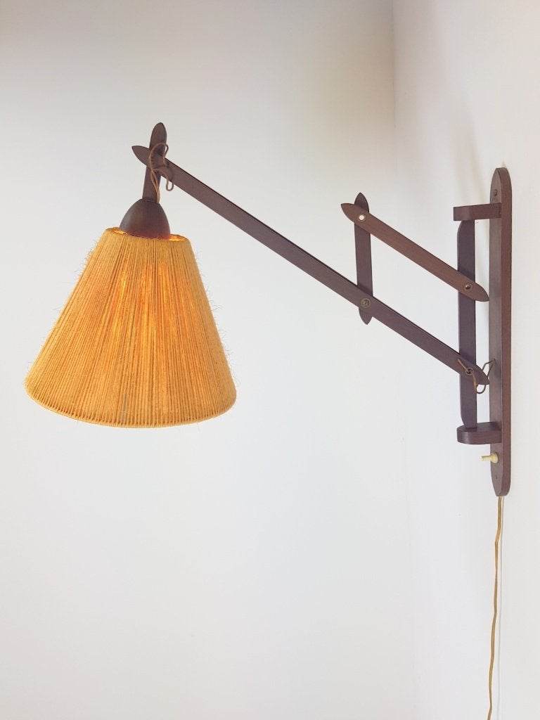 Scissors wandlamp teak hout hennep Denmark 1950 verstelbaar, Gebruikt, Bruin, Hout, Wandlamp