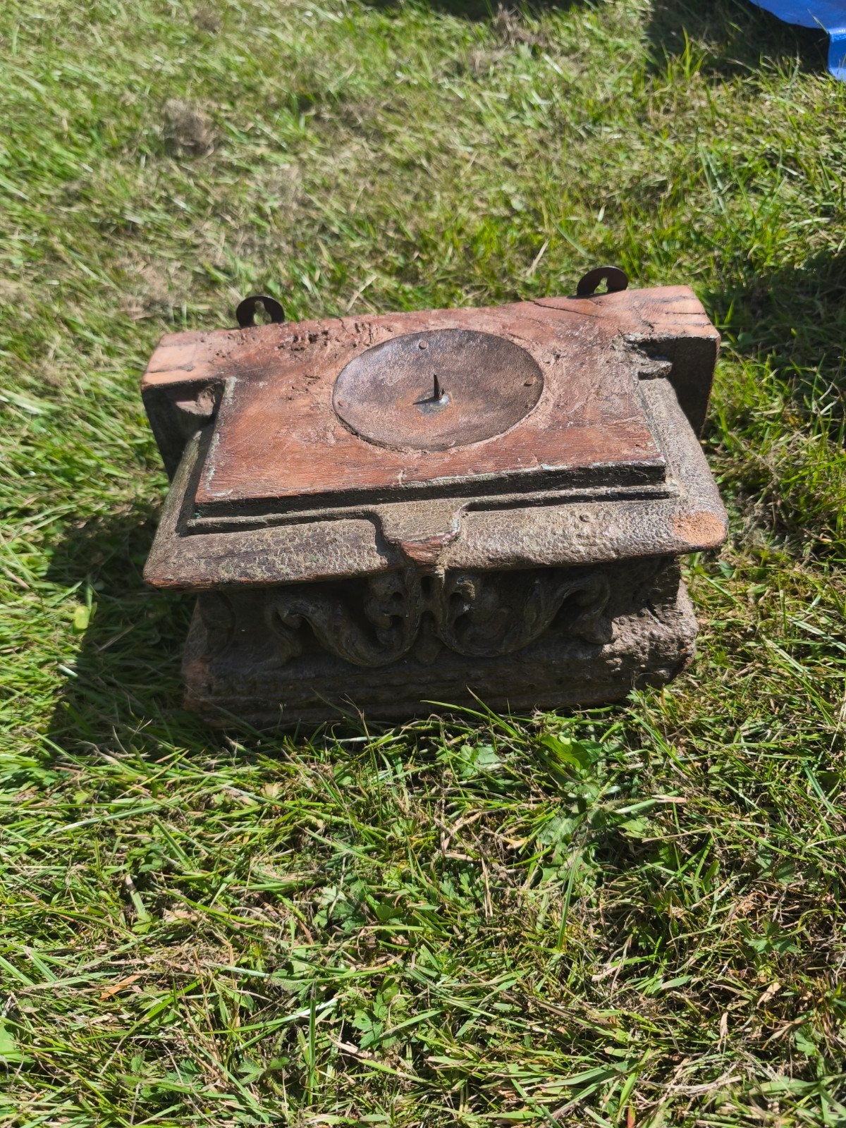 Antieke zware houten poer met houtsnijwerk, Antiek en Kunst, Ophalen of Verzenden