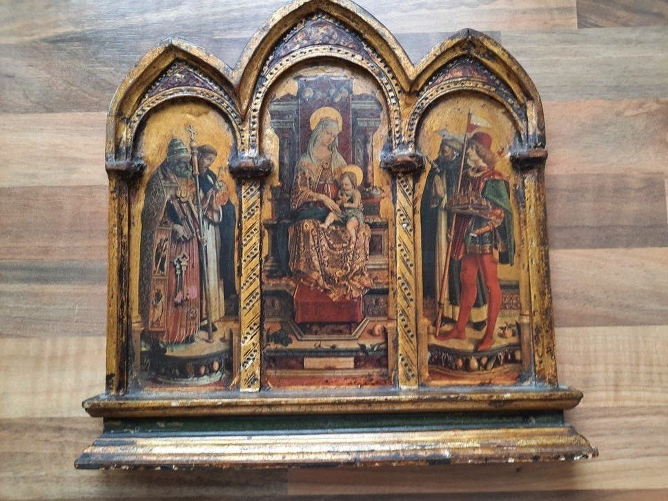Antiek houten drieluik-icoon: Madonna met Kind en heiligen, Antiek en Kunst, Kunst | Schilderijen | Klassiek, Ophalen of Verzenden