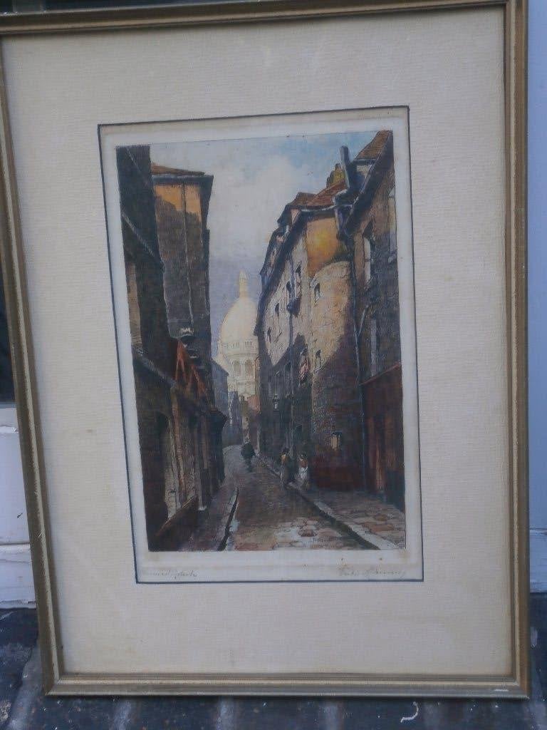 Parijs straatbeeld Mont Martre van Victor MUNIER, Antiek en Kunst, Ophalen, Ets