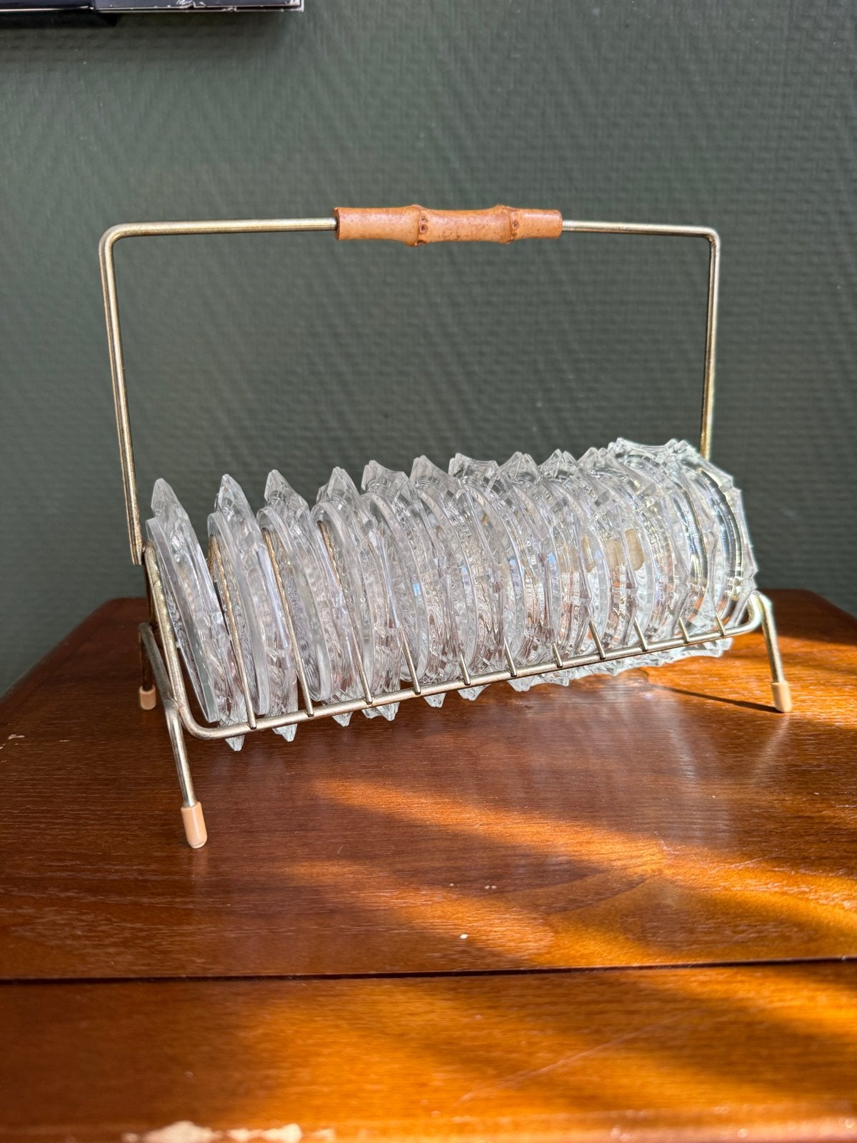 Vintage Boheems glas onderzetters met houder, Huis en Inrichting, Glasonderzetter, Ophalen of Verzenden, Zo goed als nieuw, Met houder