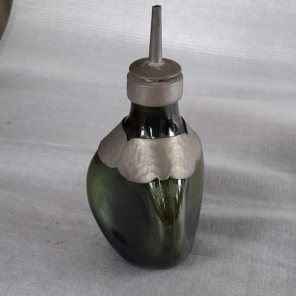 Art Deco groen glazen elixerflesje /karafje, Gero tin beslag, Ophalen