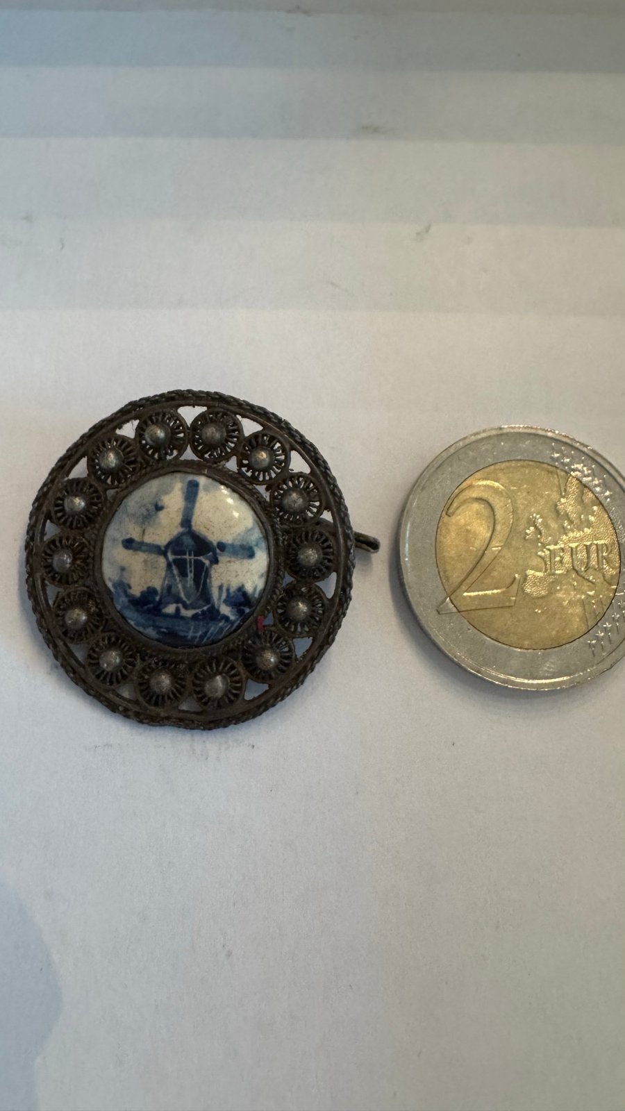 Zilveren Vintage Broche met Molen - Delfts Blauw Stijl, Sieraden, Tassen en Uiterlijk, Antieke sieraden, Ophalen of Verzenden