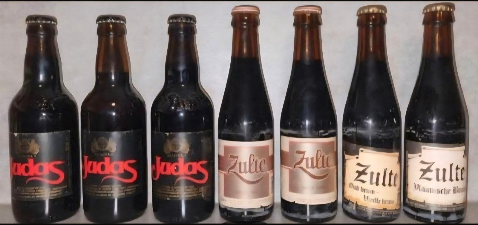 7 delige vintage set: Zulte (br. Zulte & Alken-Maes) + Judas, Verzamelen, Ophalen of Verzenden, Zo goed als nieuw, Flesje(s), Overige merken