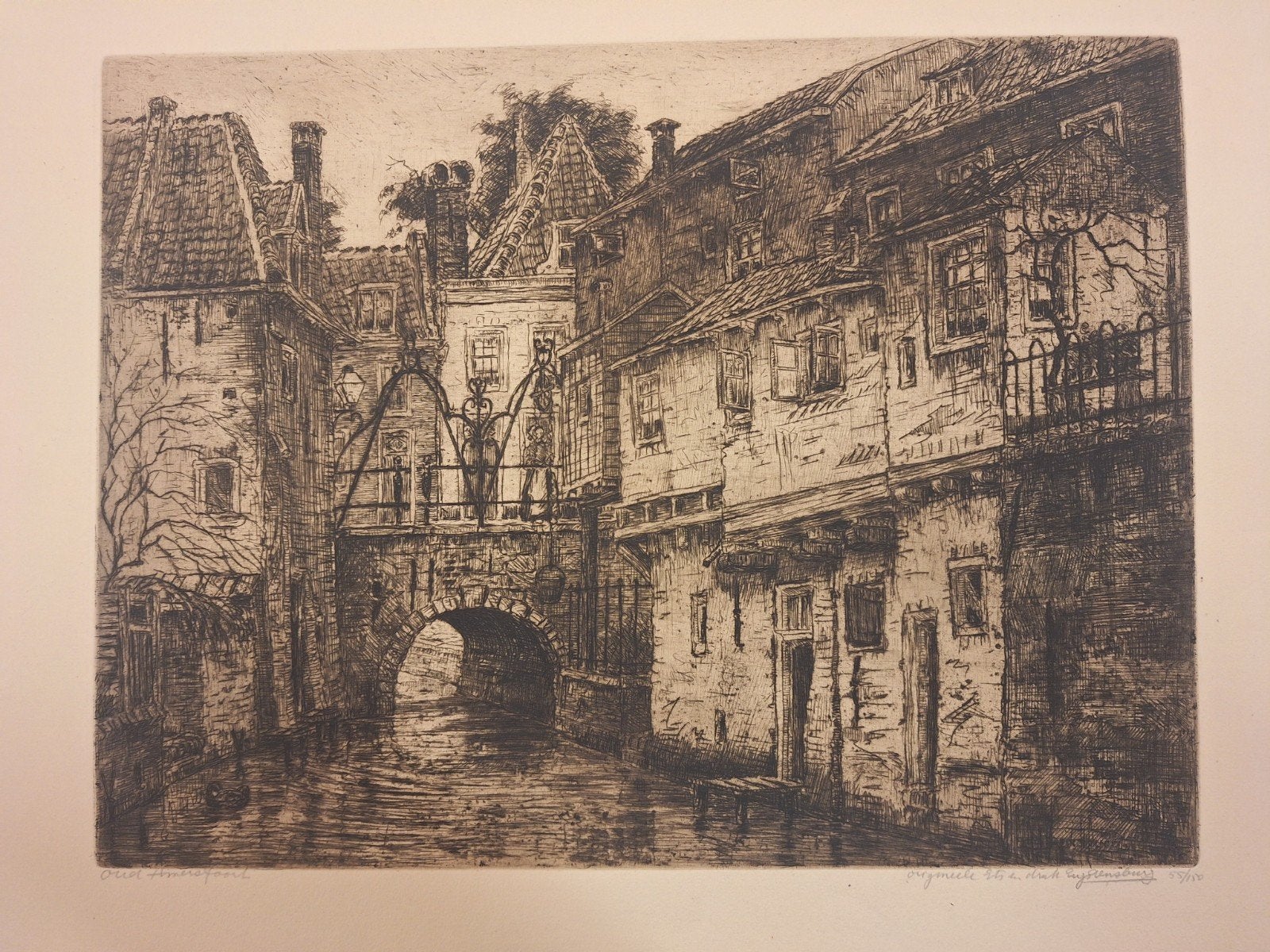 Ets Grachten door Eugene Rensburg, Antiek en Kunst, Ophalen of Verzenden, Stadsgezicht, Ets, Origineel