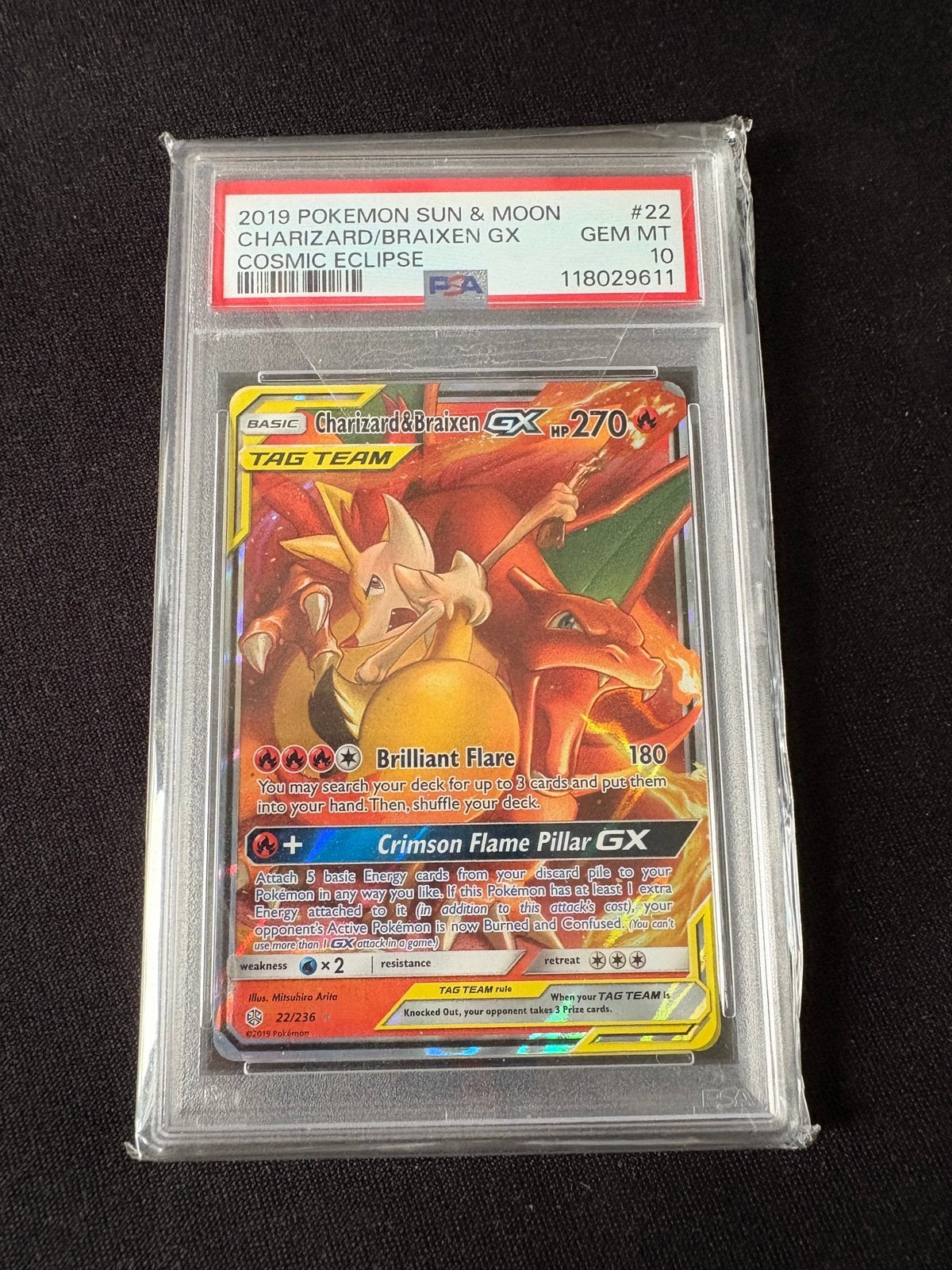 PSA 10 Charizard & Braixen Tag Team #22 Cosmic Eclipse, Ophalen of Verzenden, Zo goed als nieuw