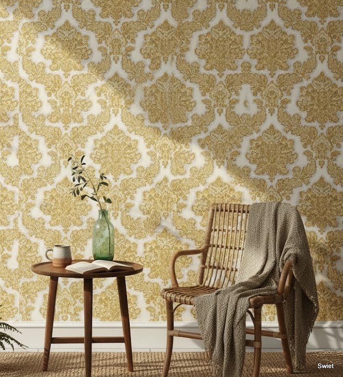 5509 Barok vintage behang met okergeel en ijsblauw swiet, Ophalen of Verzenden, Blauw