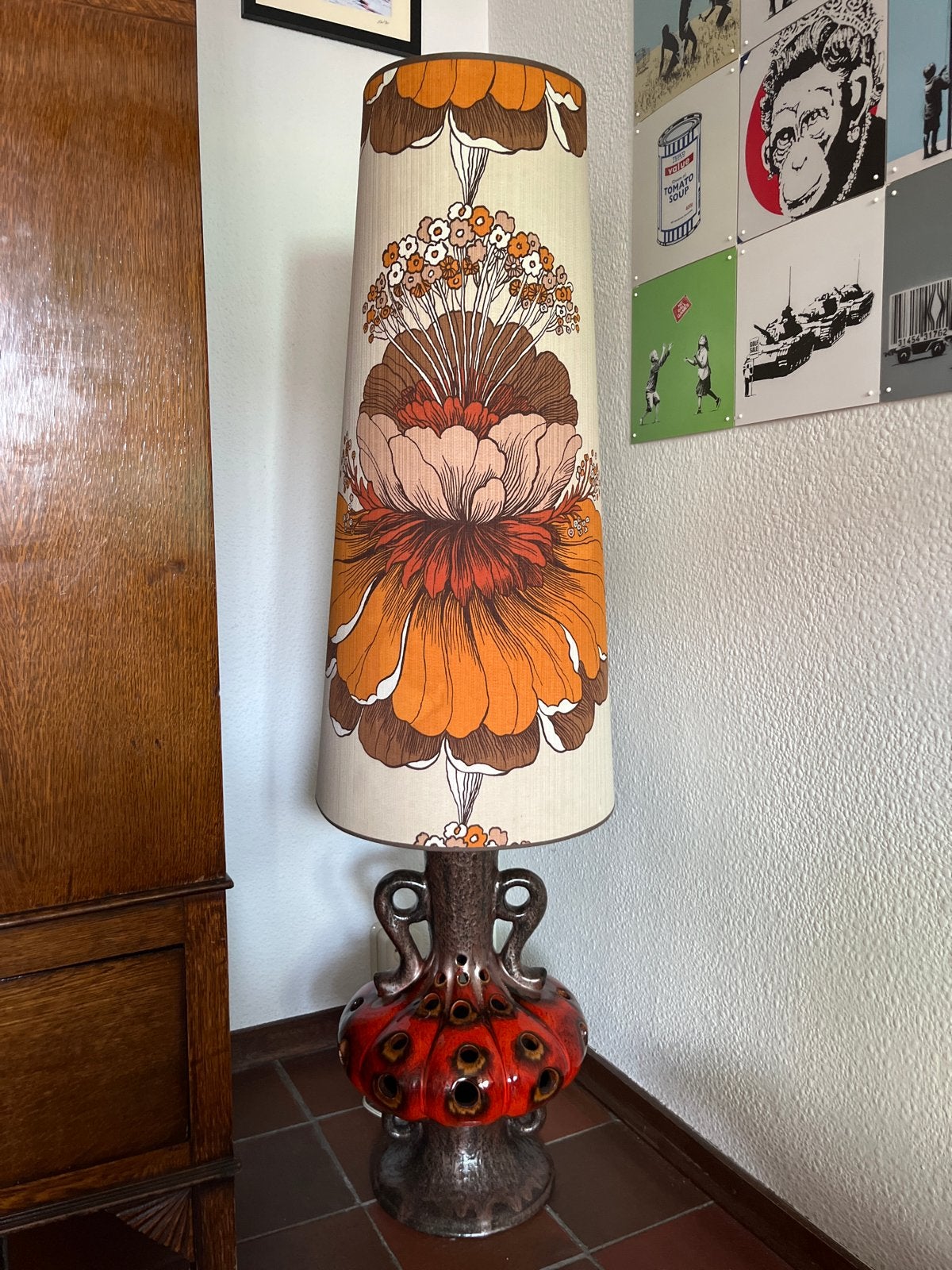 Vintage Vloerlamp met Keramische Voet en Bloemenprint Kap, Huis en Inrichting, Lampen | Vloerlampen, Ophalen, Gebruikt, E27 (groot)