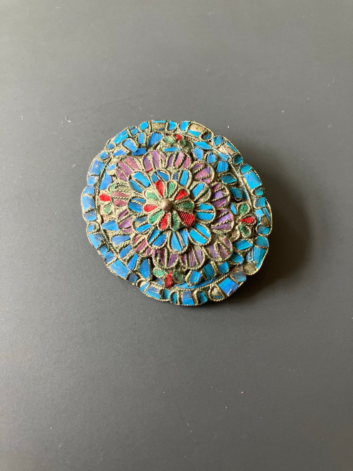 Vintage Broche met Kleurrijk Emaille Bloemmotief, Overige materialen, 4 tot 7 cm, Gebruikt, Blauw