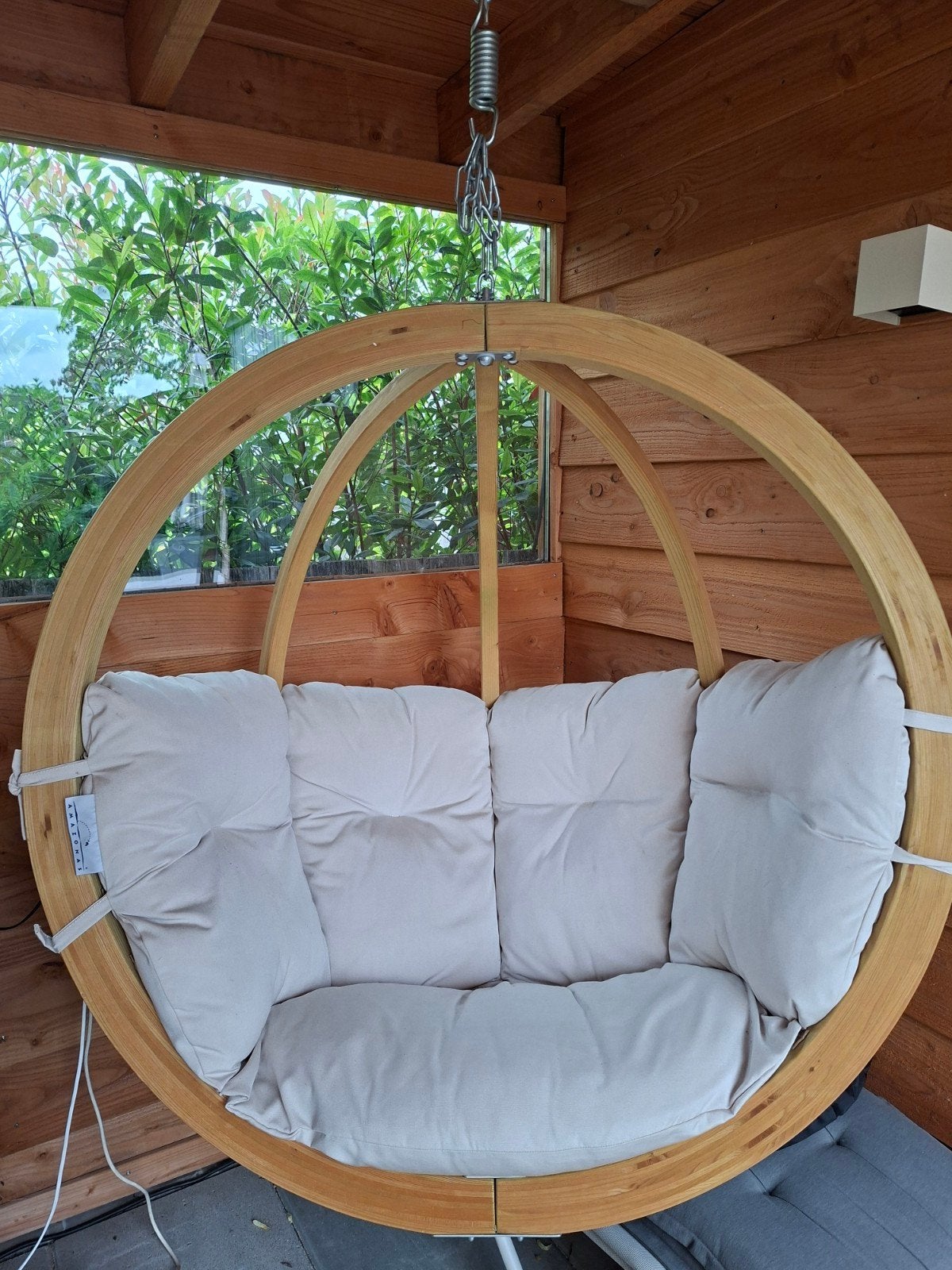 Houten hangstoel met kussens, Ophalen, Zo goed als nieuw, Hardhout, 2 zitplaatsen