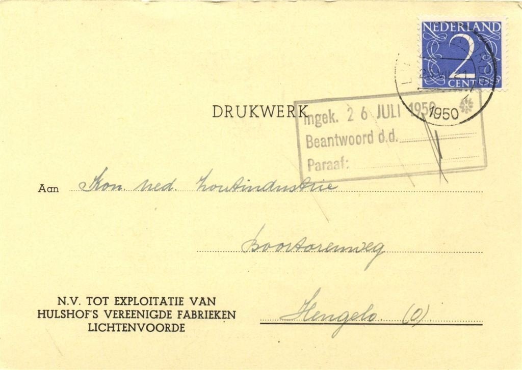 Hulshof Vereenigde Fabrieken, Lichtenvoorde - 07.1950 - druk, Ophalen of Verzenden, Briefkaart