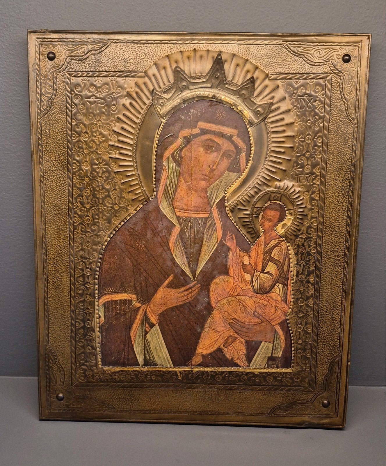 Oud Russische icoon Moeder Gods met Kind, 29x24 cm, Ophalen of Verzenden
