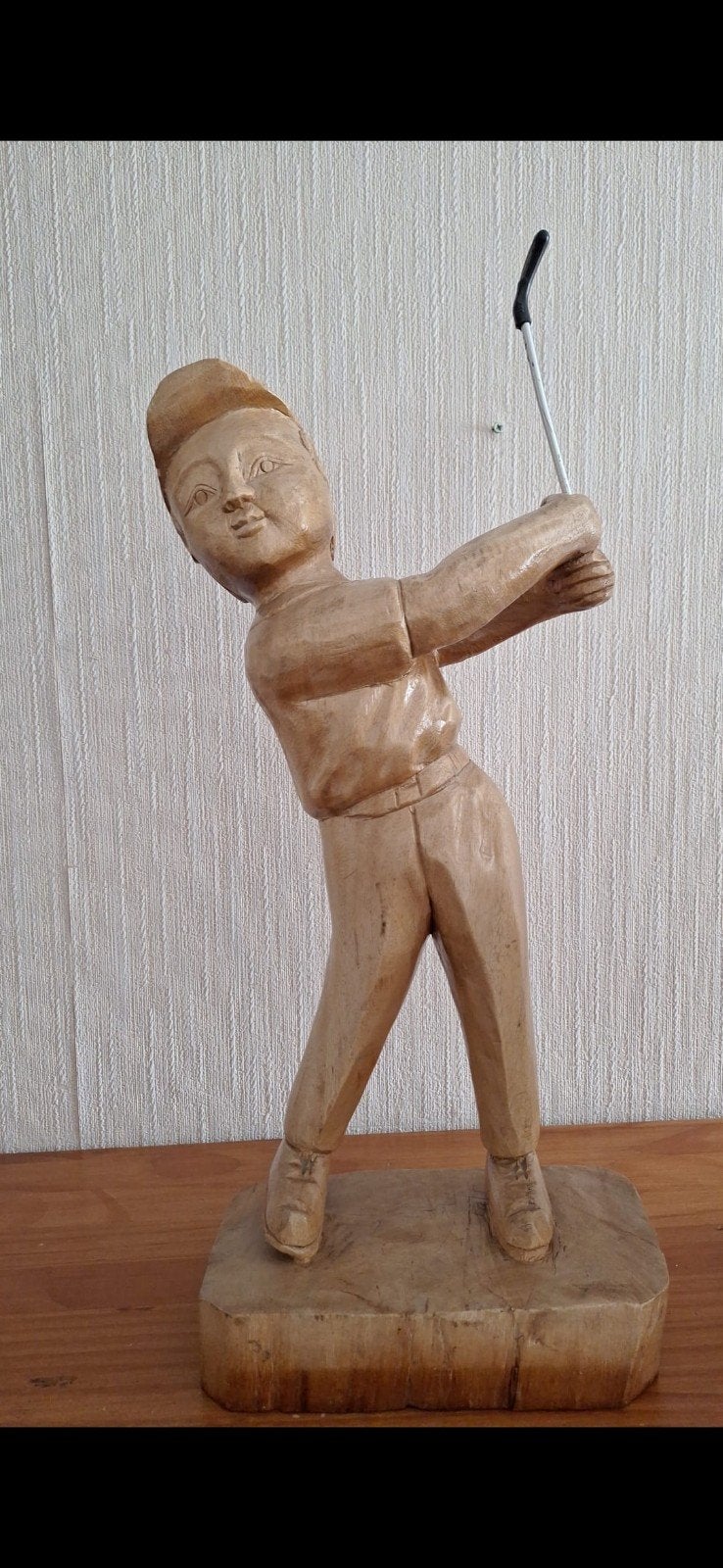 Houten Beeld Golfer 53 cm Hoog - Handgesneden Decoratie, Antiek en Kunst, Ophalen, 50 - 100 cm, Handgemaakt, Beeld