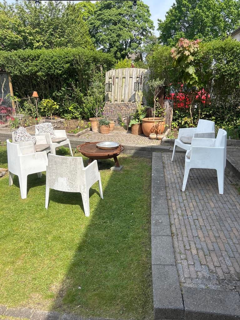 Set van 6 witte tuinstoelen met kussens, Tuin en Terras, Ophalen, Zo goed als nieuw, Kunststof