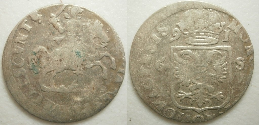 1] Nijmegen Rijderschelling 1691 staart omlaag, Postzegels en Munten, Munten | Nederland, Vóór koninkrijk, Zilver, 25 cent, Ophalen of Verzenden