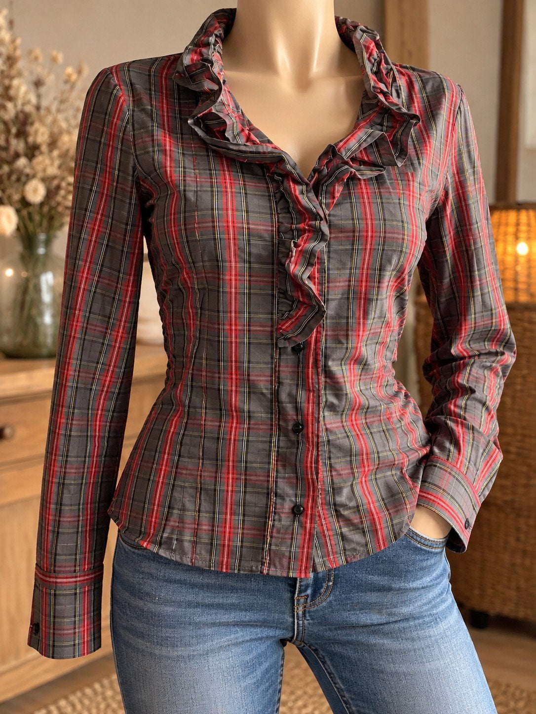 Geruite Blouse met Ruches - Maat 42, Meerkleurig, Maat 42/44 (L), Ophalen of Verzenden, Onbekend
