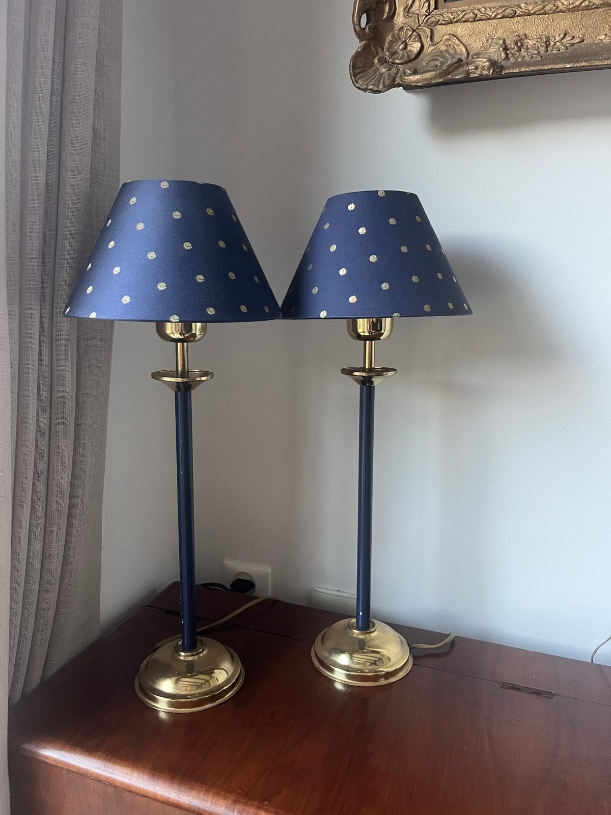 Set van 2 vintage lampen met blauwe kap, 50cm hoog, Met schakelaar, Gebruikt, Vintage, Ophalen of Verzenden