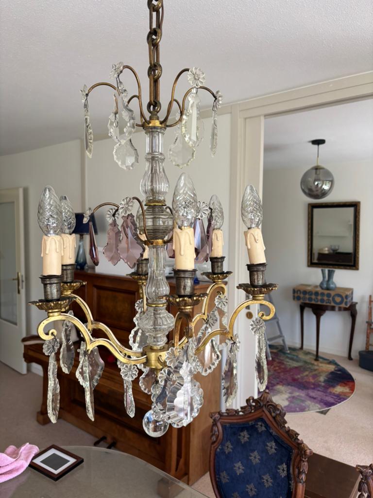Elegante Kroonluchter met Kristallen en Messing, Ophalen, Gebruikt, Glas
