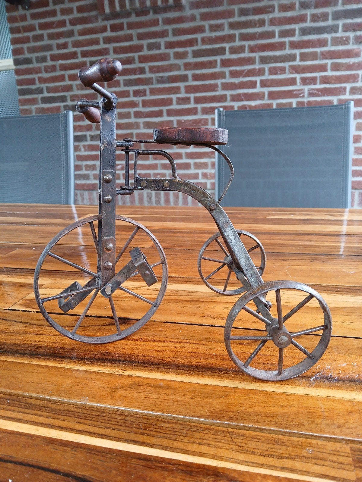 Vintage decoratieve driewieler smeedijzer en hout, Antiek en Kunst, Ophalen of Verzenden
