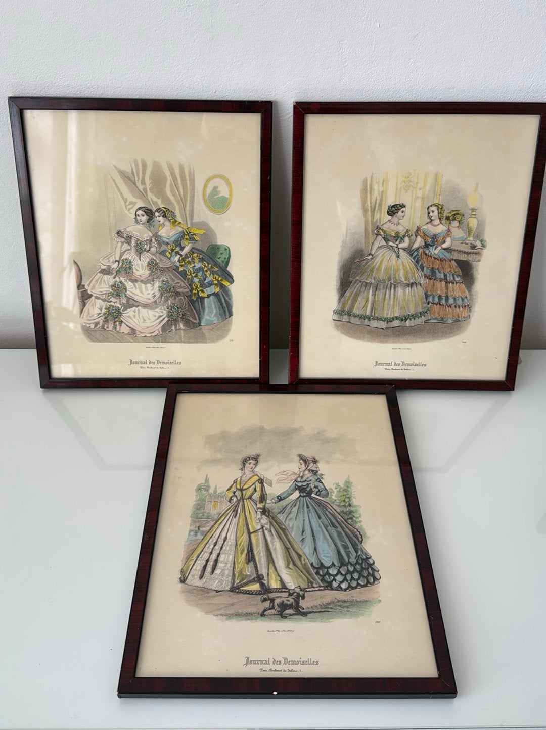 Serie van 3 oude Frans Brocante modeprenten, Ophalen of Verzenden