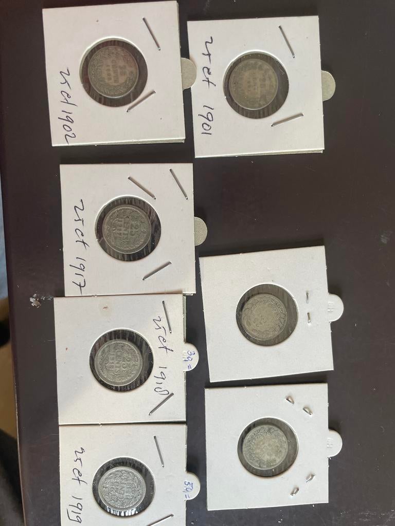7x Kwartje Nederland Wilhelmina 1901, 1902, 1917, 1918, 1919, Setje, Zilver, 25 cent, Ophalen of Verzenden