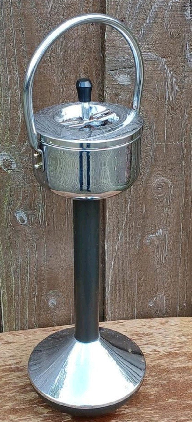 Vintage Chrome Staande Asbak - Chroom en Zwart Design, Ophalen of Verzenden