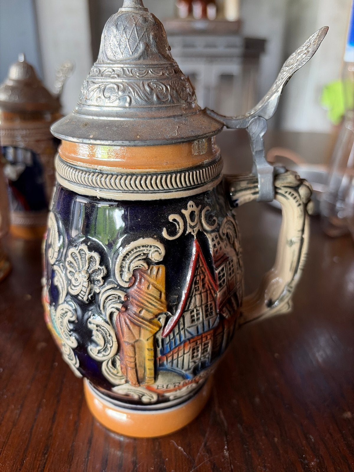 Vintage Duitse Bierpul met Tin Deksel - Handgeschilderd, Ophalen of Verzenden
