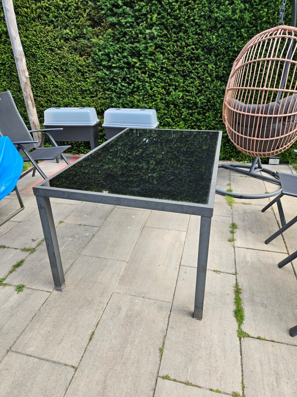 Tuin/Balkontafel met glazen blad, Ophalen, Gebruikt, Rechthoekig, Metaal
