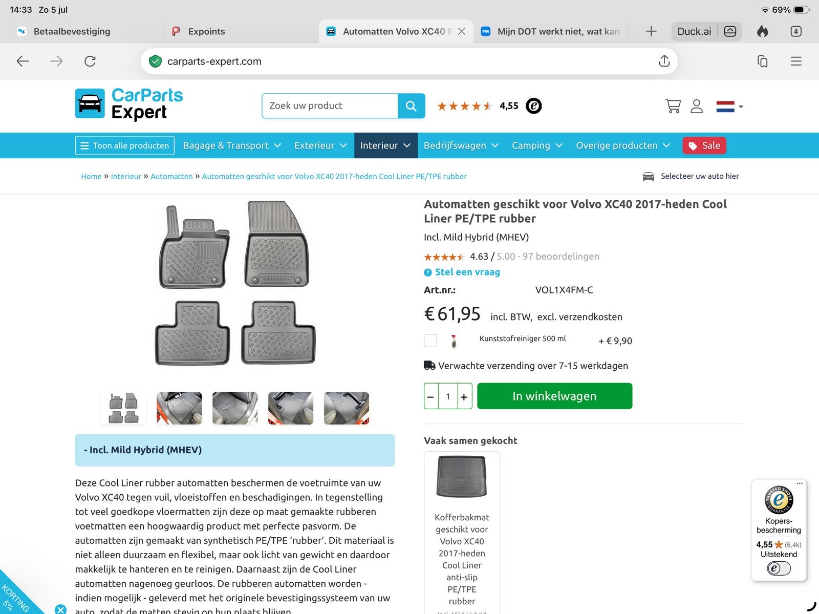 Volvo XC40, Set kunstof automatten + kofferbakmat, Ophalen, Zo goed als nieuw