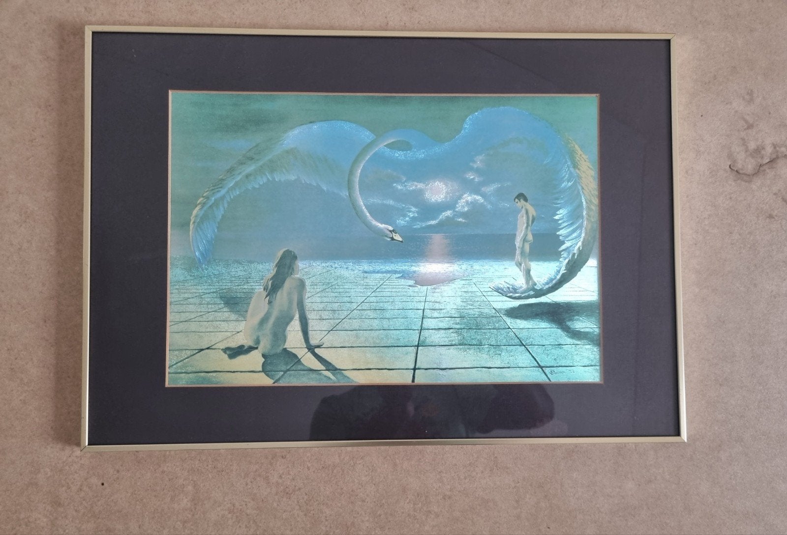 Surrealistisch schilderij met zwaan en figuren, Ophalen