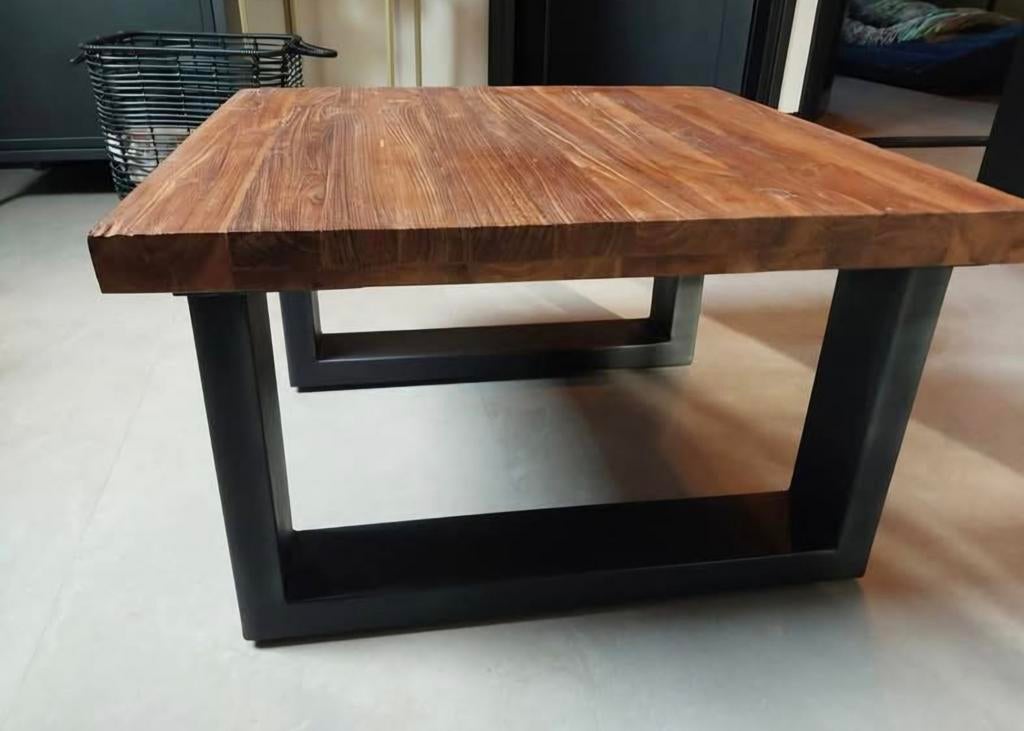 Salontafel / bijzettafel massief mangohout met staal, Minder dan 45 cm, Vierkant, Zo goed als nieuw, Hout