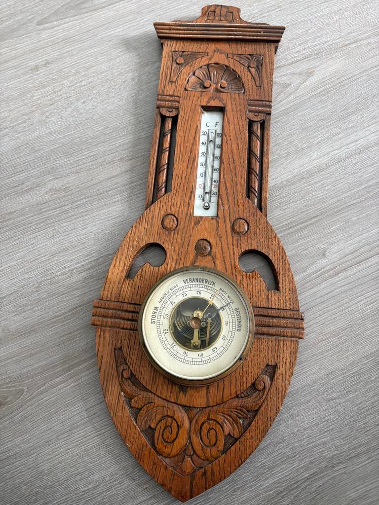 Antieke Barometer en Thermometer - Houtsnijwerk, Ophalen, Gebruikt, Barometer
