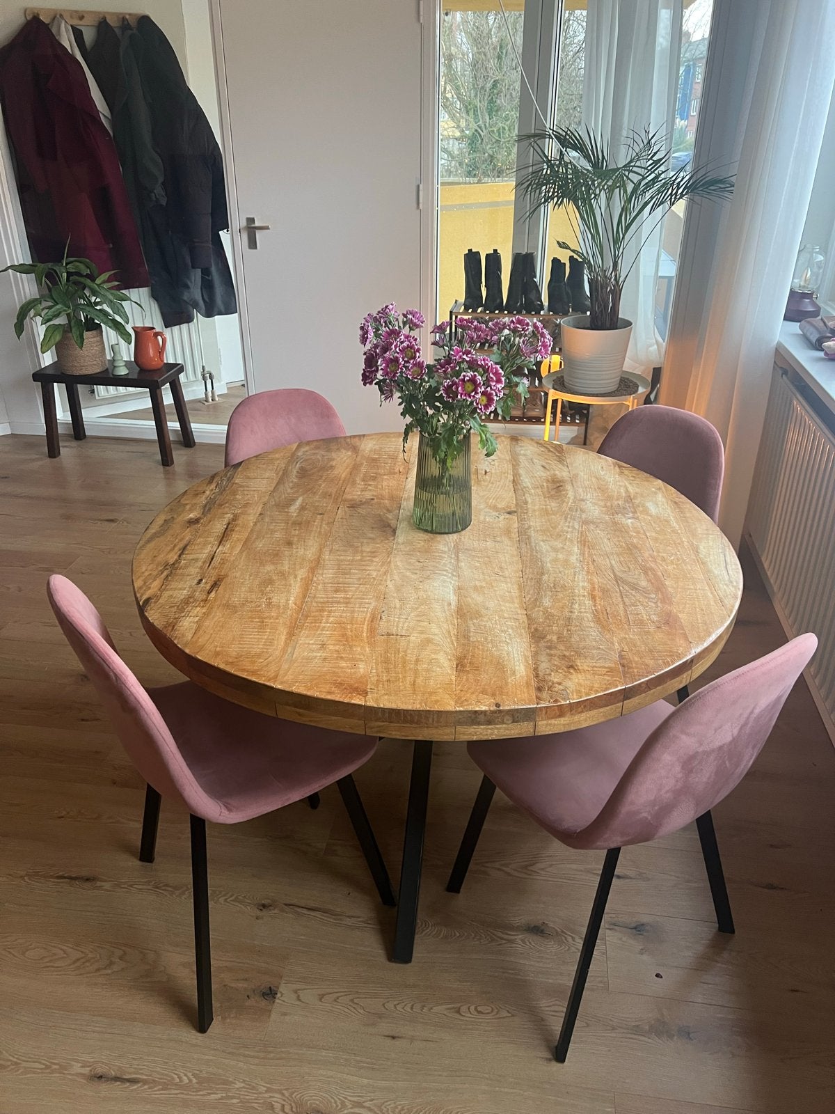 Ronde eettafel van massief mangohout - 120 cm doorsnee, Ophalen, Gebruikt, 100 tot 150 cm, Rond