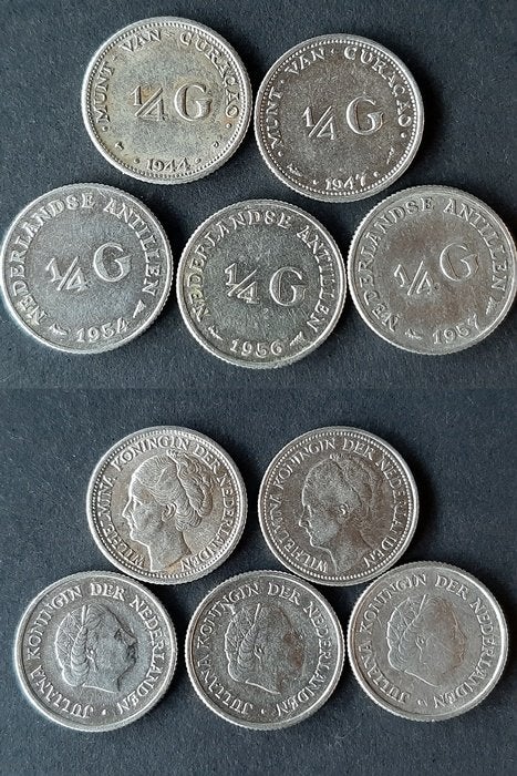 5 X 1/4 Gulden Curacao en Antillen zilver, Verzenden, Koningin Juliana, 25 cent, Zilver