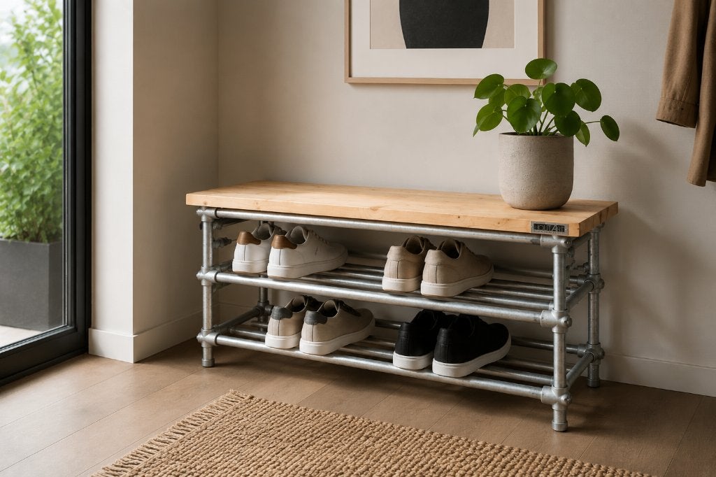 Schoenenrek steigerbuis met steigerhout bovenblad OUTLET, Info@hout-art.nl, Nieuw, Ophalen of Verzenden, Hoeves 3 in Schijndel
