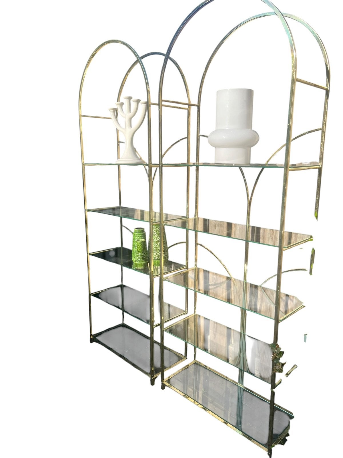 Twee vintage metalen goudkleurige vitrinekasten | kasten, Ophalen, Met plank(en), Gebruikt, 200 cm of meer
