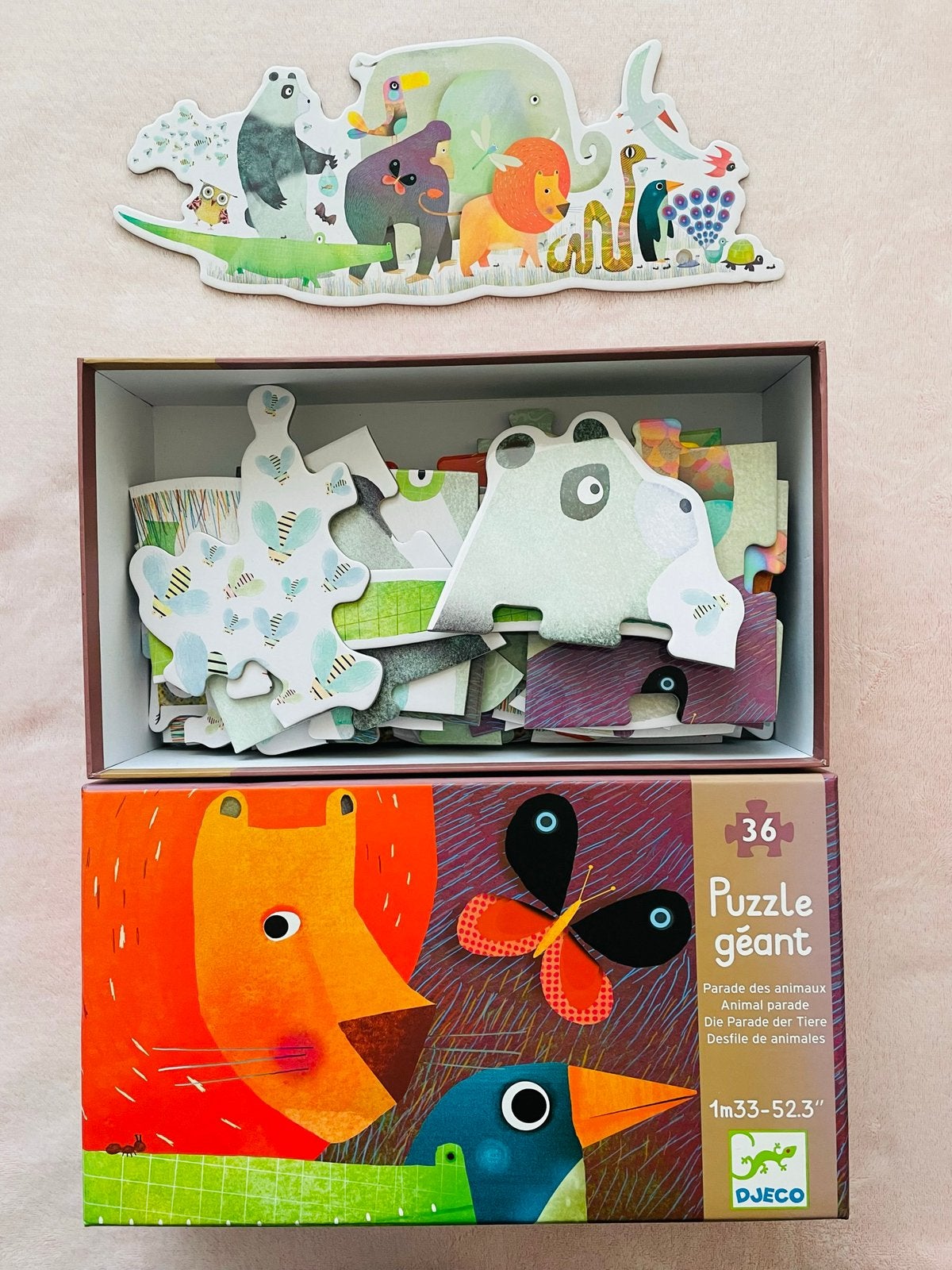 DJECO Grote Puzzel Dierenparade 36st.133cm 4+ Jaar Als nieuw, Ophalen of Verzenden, 10 tot 50 stukjes, Zo goed als nieuw, 4 tot 6 jaar