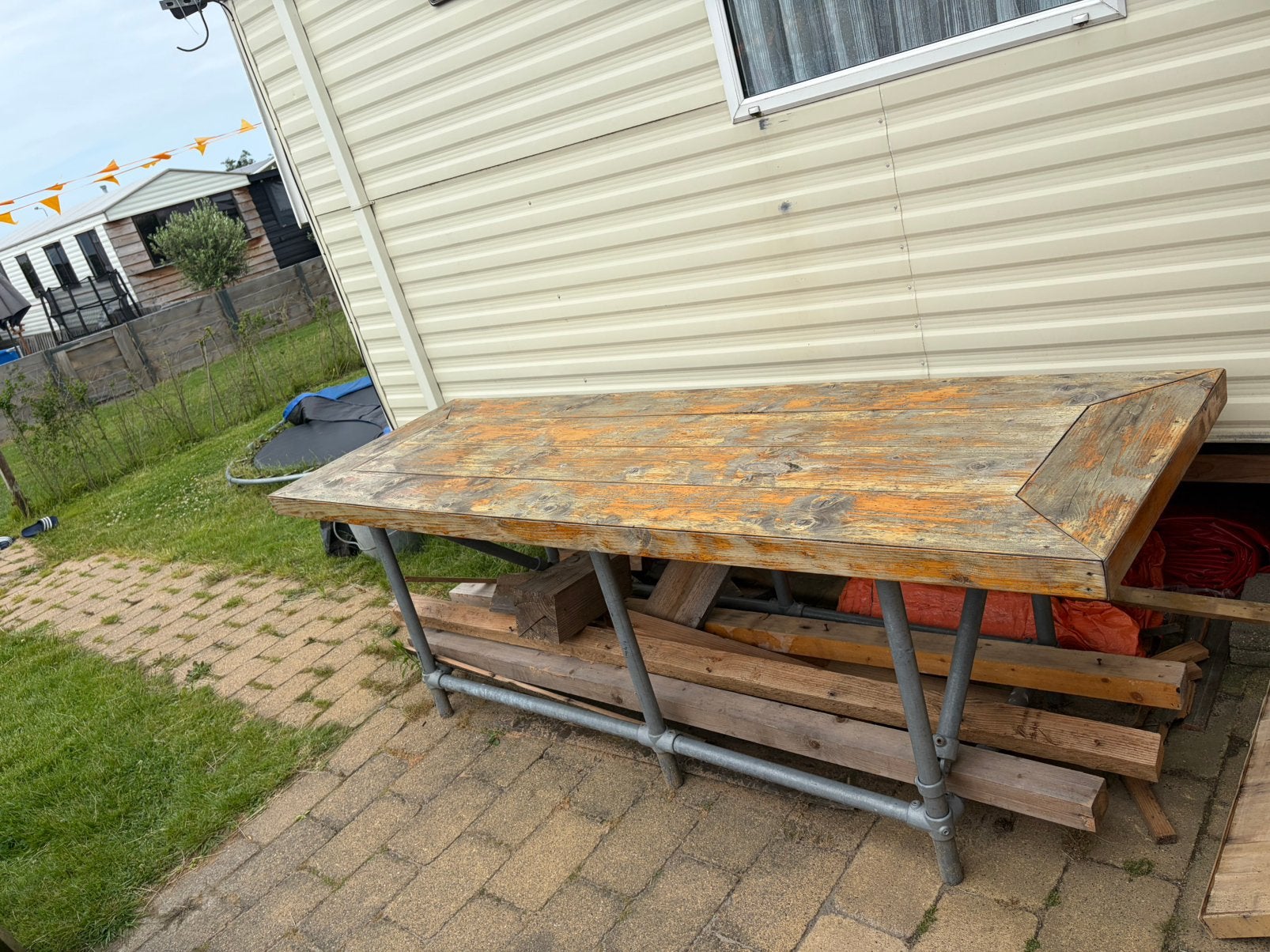 Stoere Steigerhouten tafel met steigerbuizen als onderstel, Ophalen, Gebruikt, Rechthoekig, Hout