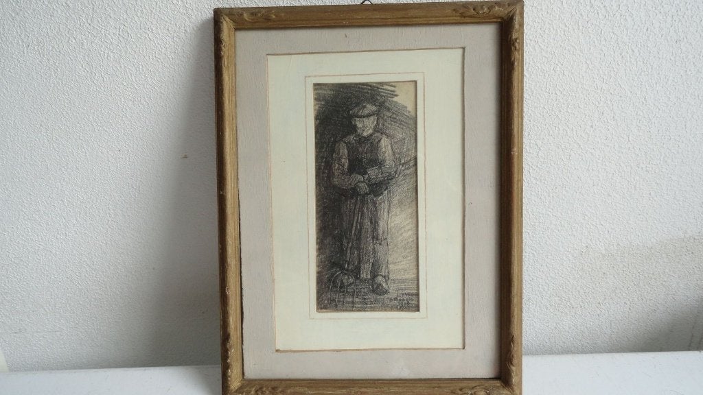 Boer met pijp van L.P. Versteeg (1918) originele tekening, Ophalen of Verzenden, Tekening, Houtskooltekening, Gesigneerd