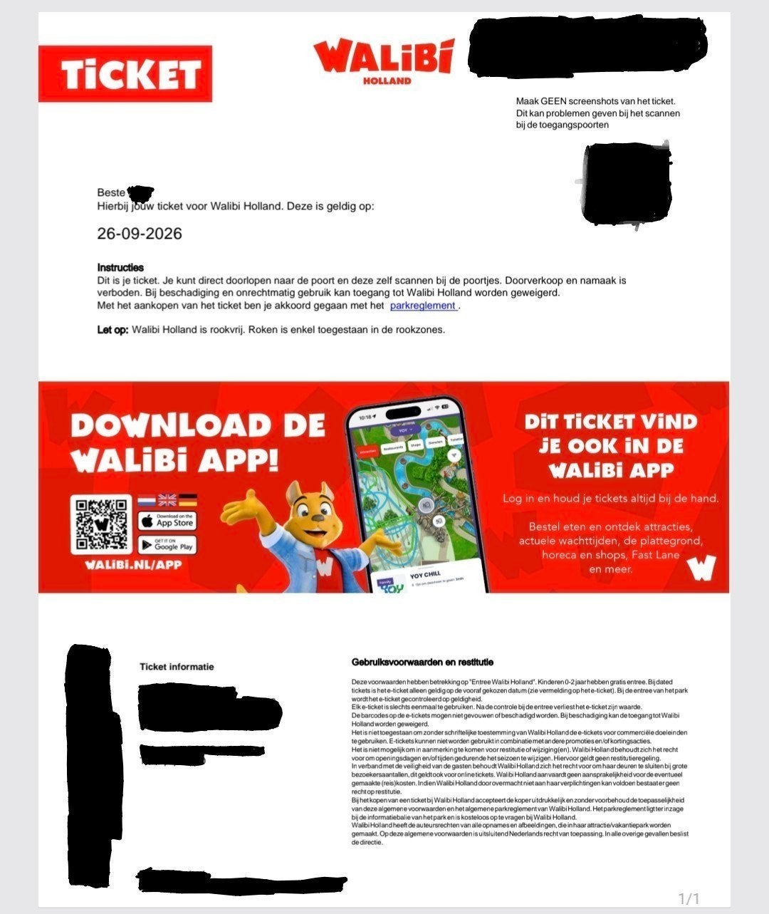 2 kaartjes Walibi Zaterdag 26 september te koop, Twee personen, Ticket of Toegangskaart