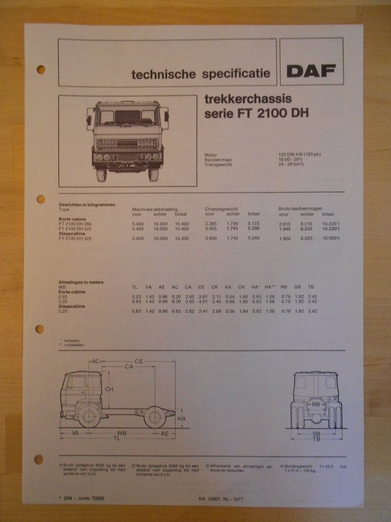 DAF FT 2100 DH Technische Specificatie folder 1977 - 4x2, Ophalen of Verzenden, Zo goed als nieuw, Overige merken, DAF