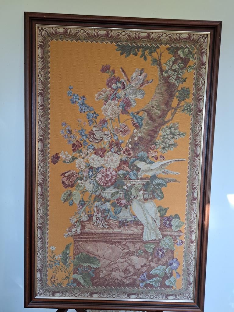 Vintage gobelin tapijt met bloemen en vogels in houten lijst, Ophalen of Verzenden
