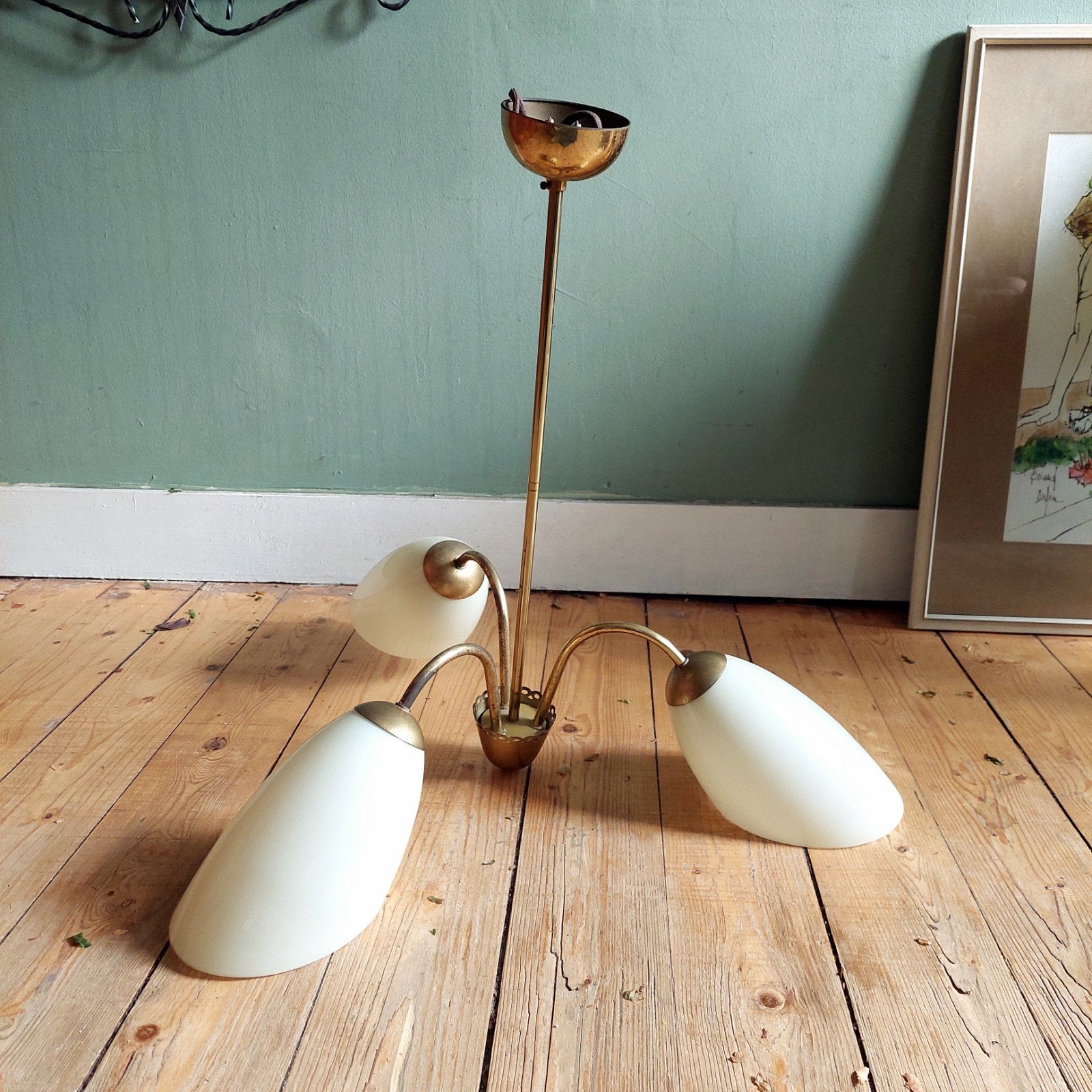 Lucky Vintage fifties Messing Hanglamp 3 Glazen kelken MCM, Ophalen, Gebruikt, ., Mcm vintage
