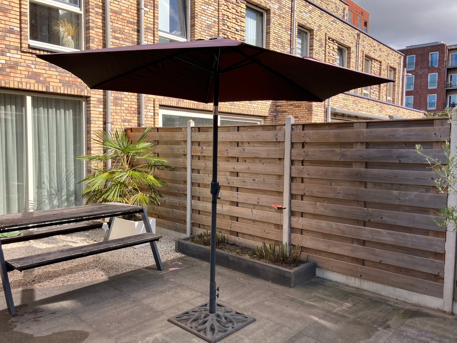 Parasol antraciet met voet, Tuin en Terras, Ophalen of Verzenden, Gebruikt, 2 tot 3 meter, Stokparasol