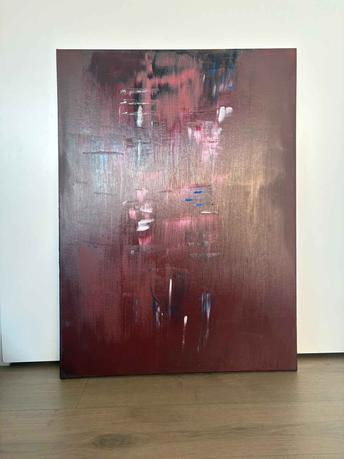 Abstract Schilderij - Roodtinten met Witte en Blauwe Accent, Ophalen of Verzenden