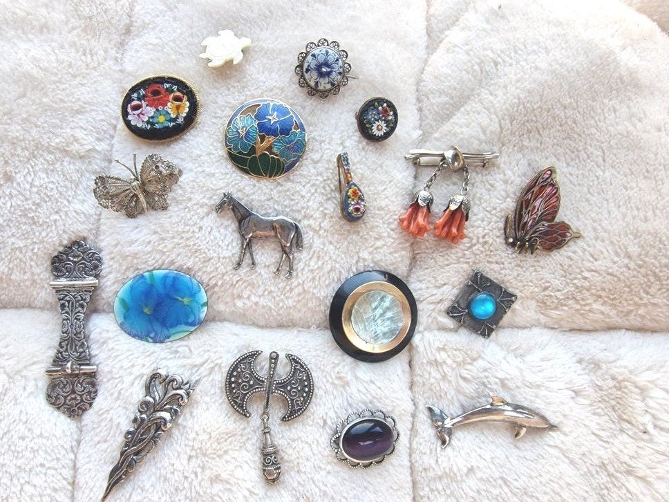Collectie broches waaronder zilver, 4 tot 7 cm, Gebruikt, Met edelsteen, Ophalen of Verzenden