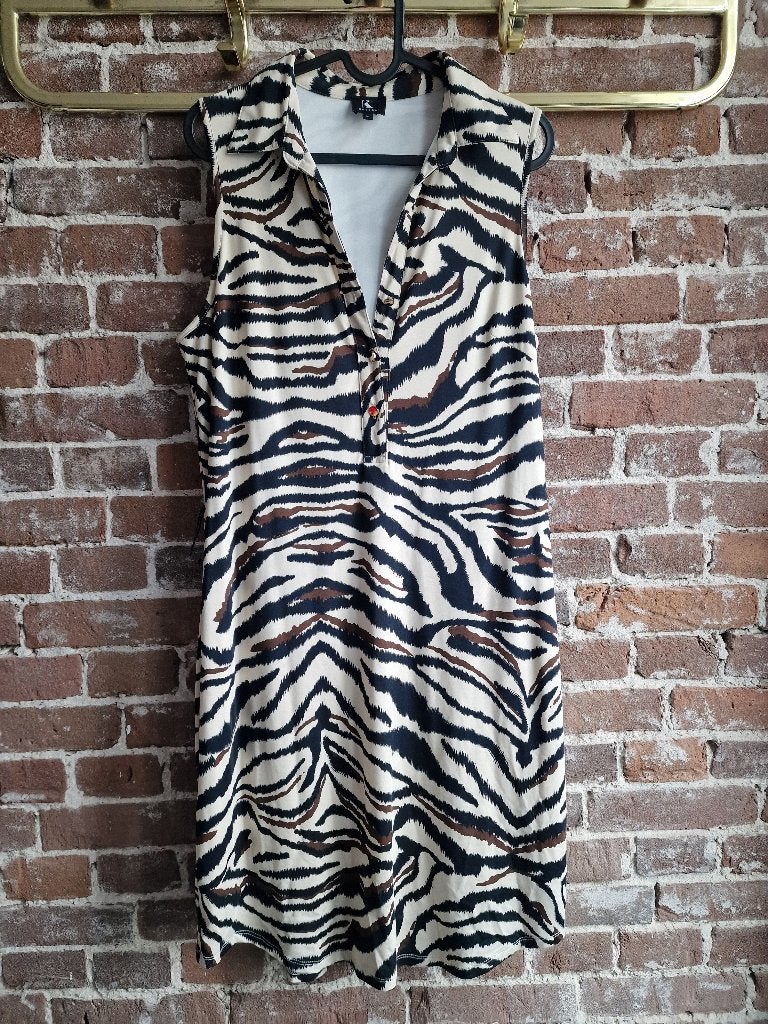 K Design zebra jurk M mouwloos safari chic, Kleding | Dames, Ophalen of Verzenden, Zo goed als nieuw, Zwart, Onder de knie