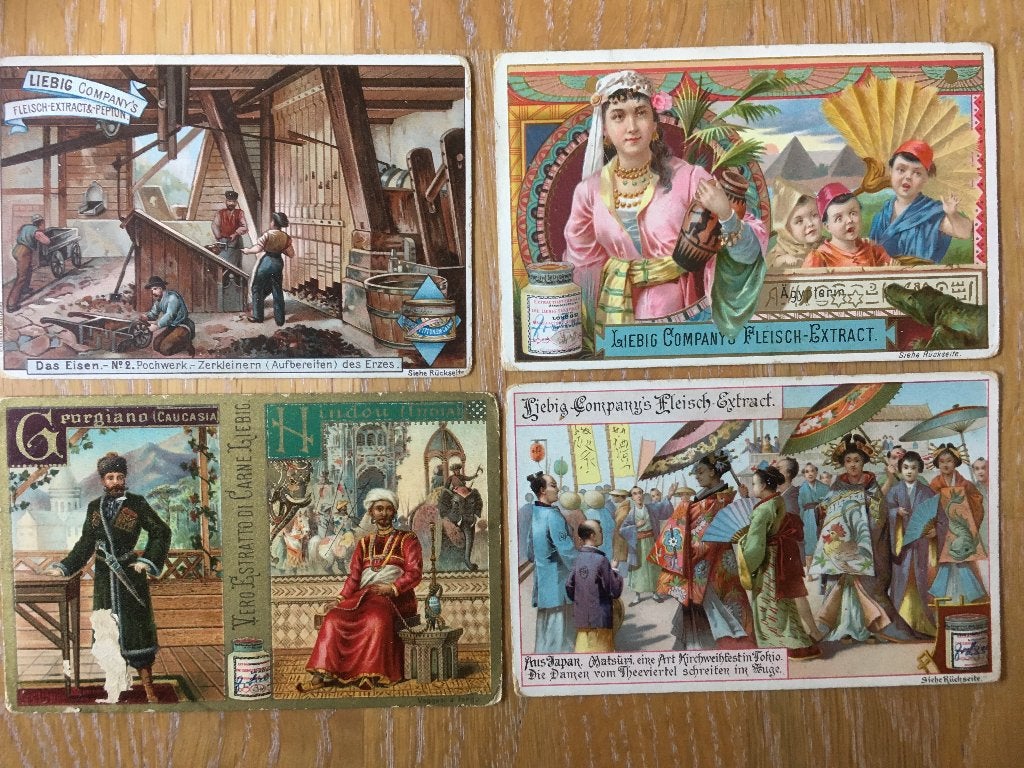 Liebig 4x verschillend van serie plaatjes 7x11cm, Gebruikt, Verzenden, Voor 1940, Prent