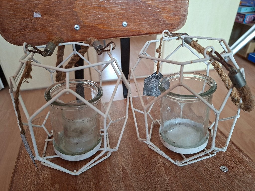 2 metalen frames met glazen pot voor kaars, Ophalen of Verzenden, Kandelaar